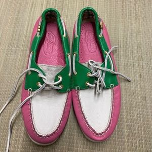 Sperry Top-Sider Women's Size 9 Boat Shoes Pink Green White Leather Ties EUC